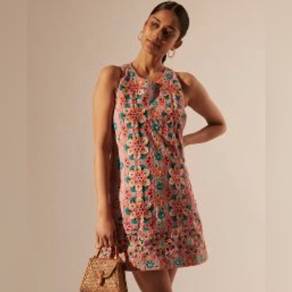 Anthropologie Pink Floral Crochet Midi Dress